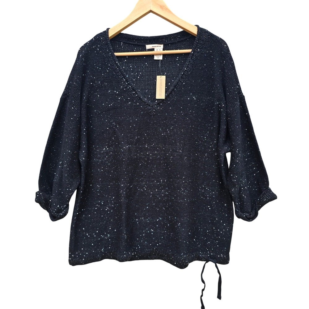 DKNY NWT Black V Neck Sequin Embellished Knit Sweater Top‎ Elbow Sleeve Size XL